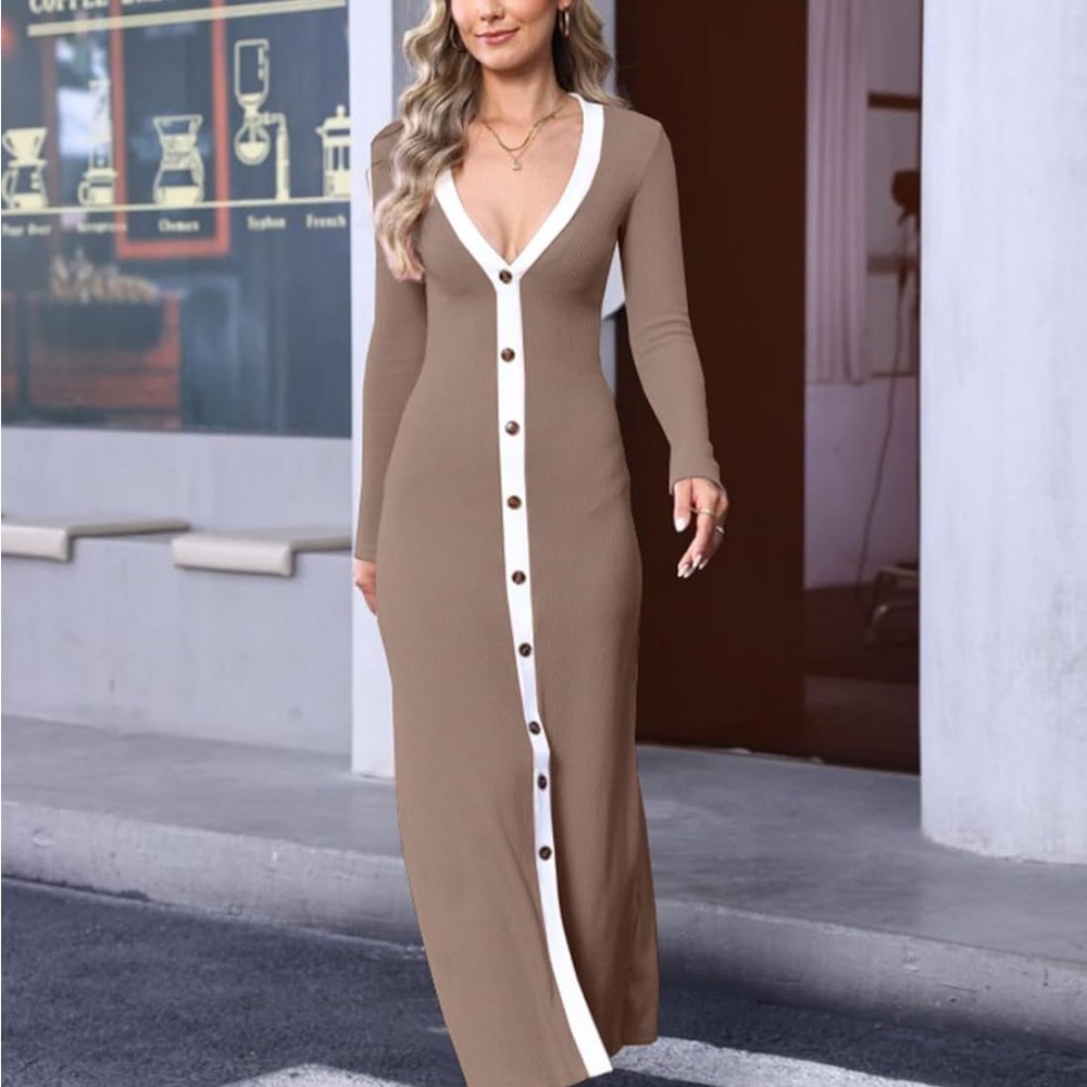 V-Neck Long Sleeve Button-Front Maxi Dress in Taupe